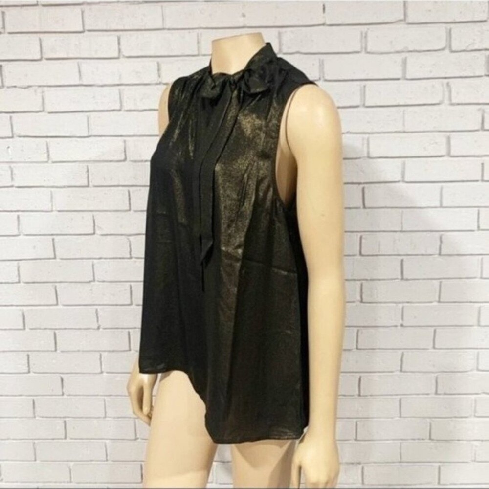 ModCloth Gold Metallic Tie Neck Sleeveless Blouse Shimmer Holiday Party Large - Picture 3 of 5